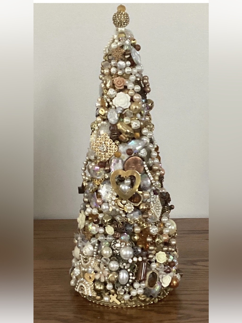 VTG Handmade 13" Tall Jeweled Earth Tone Christmas Tree For Tabletop